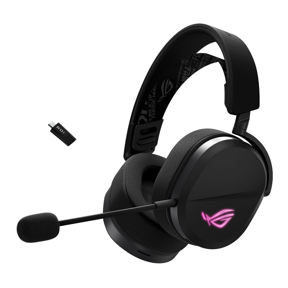 Svart Asus ROG Pelta-headset med mikrofon och USB-C-dongel